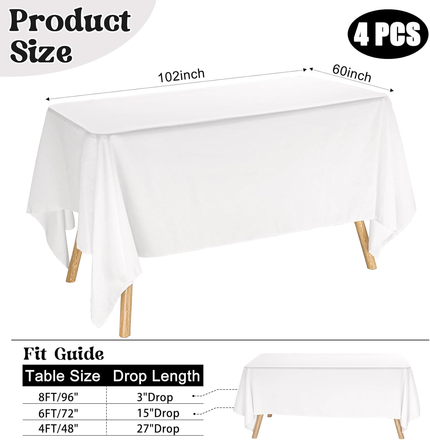 4 Pack Rectangle Tablecloth 60x102 Inch White Table Cloth for 6 Foot Rectangle Tables Washable Polyester Table Cover for Wedding Dining Table Buffet Parties Banquet Decoration(White) - Image 2