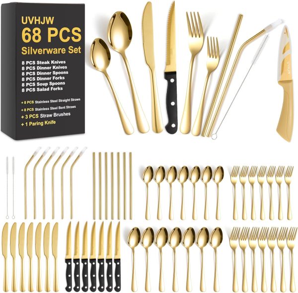 68-piece Gold Silverware Set with Steak Knife, Service for 8, Stainless Steel flatware Cutlery Set with Metal Straw Drinking Set, Mirror Polished Fork Spoon Knife Set Eating Utensils Tableware