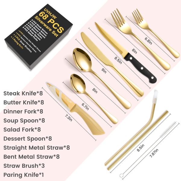 68-piece Gold Silverware Set with Steak Knife, Service for 8, Stainless Steel flatware Cutlery Set with Metal Straw Drinking Set, Mirror Polished Fork Spoon Knife Set Eating Utensils Tableware - Image 2