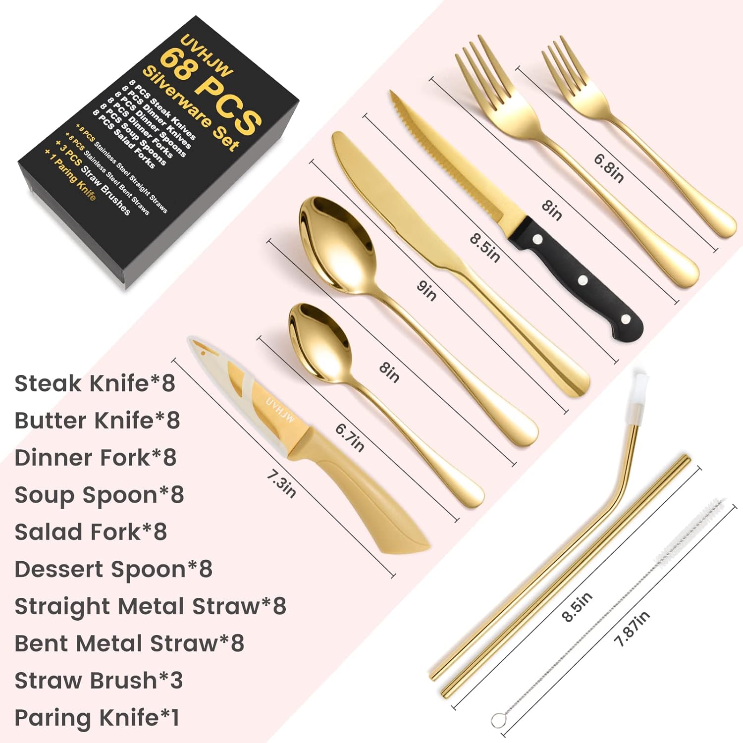 68-piece Gold Silverware Set with Steak Knife, Service for 8, Stainless Steel flatware Cutlery Set with Metal Straw Drinking Set, Mirror Polished Fork Spoon Knife Set Eating Utensils Tableware - Image 2