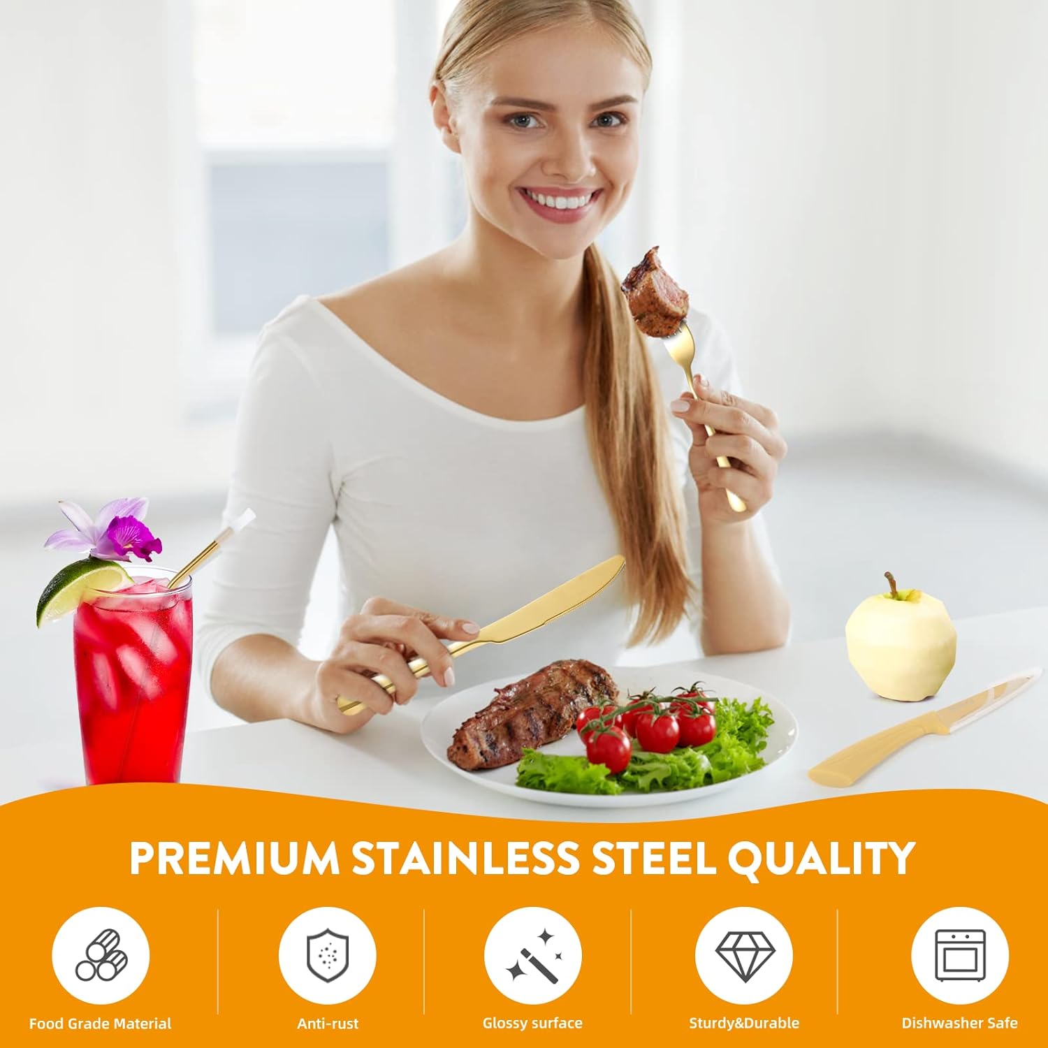 68-piece Gold Silverware Set with Steak Knife, Service for 8, Stainless Steel flatware Cutlery Set with Metal Straw Drinking Set, Mirror Polished Fork Spoon Knife Set Eating Utensils Tableware - Image 4