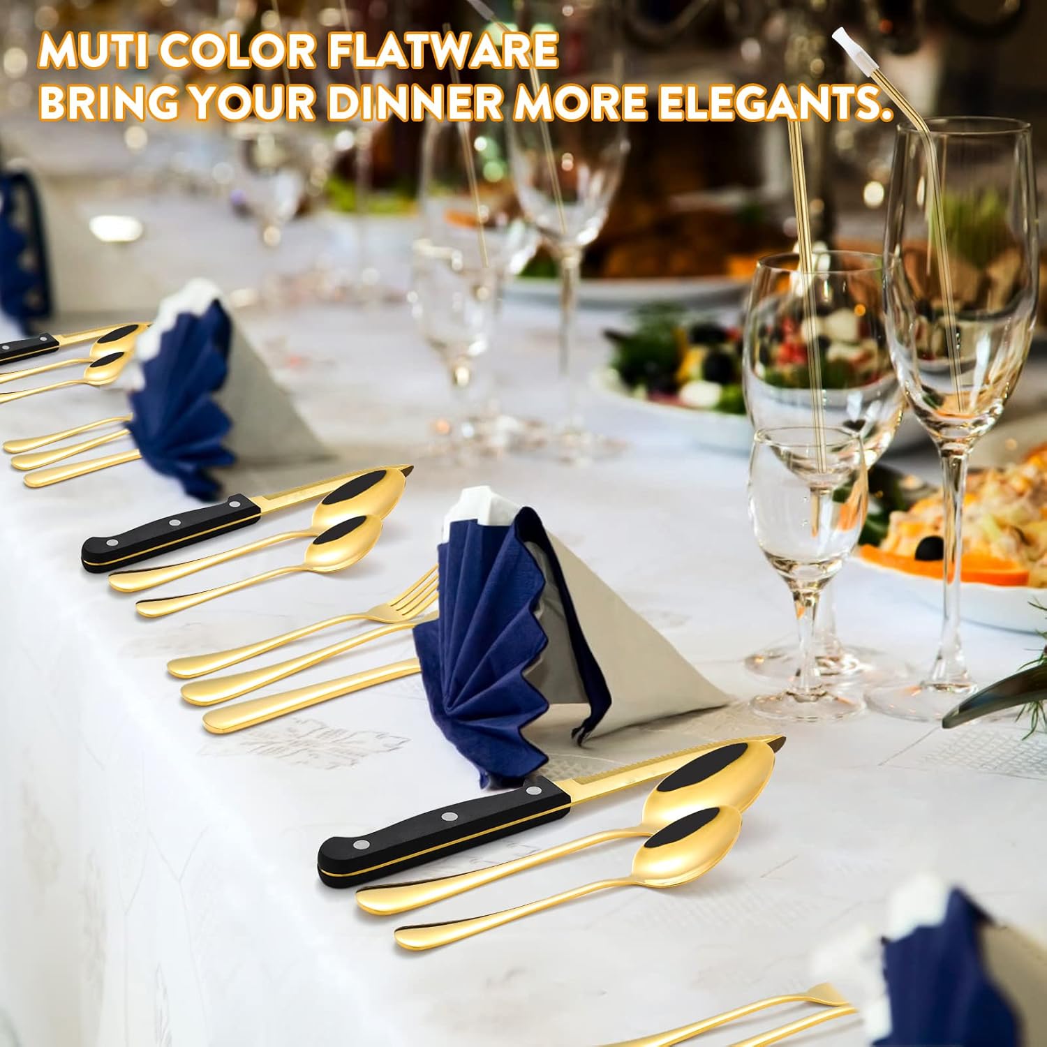 68-piece Gold Silverware Set with Steak Knife, Service for 8, Stainless Steel flatware Cutlery Set with Metal Straw Drinking Set, Mirror Polished Fork Spoon Knife Set Eating Utensils Tableware - Image 5