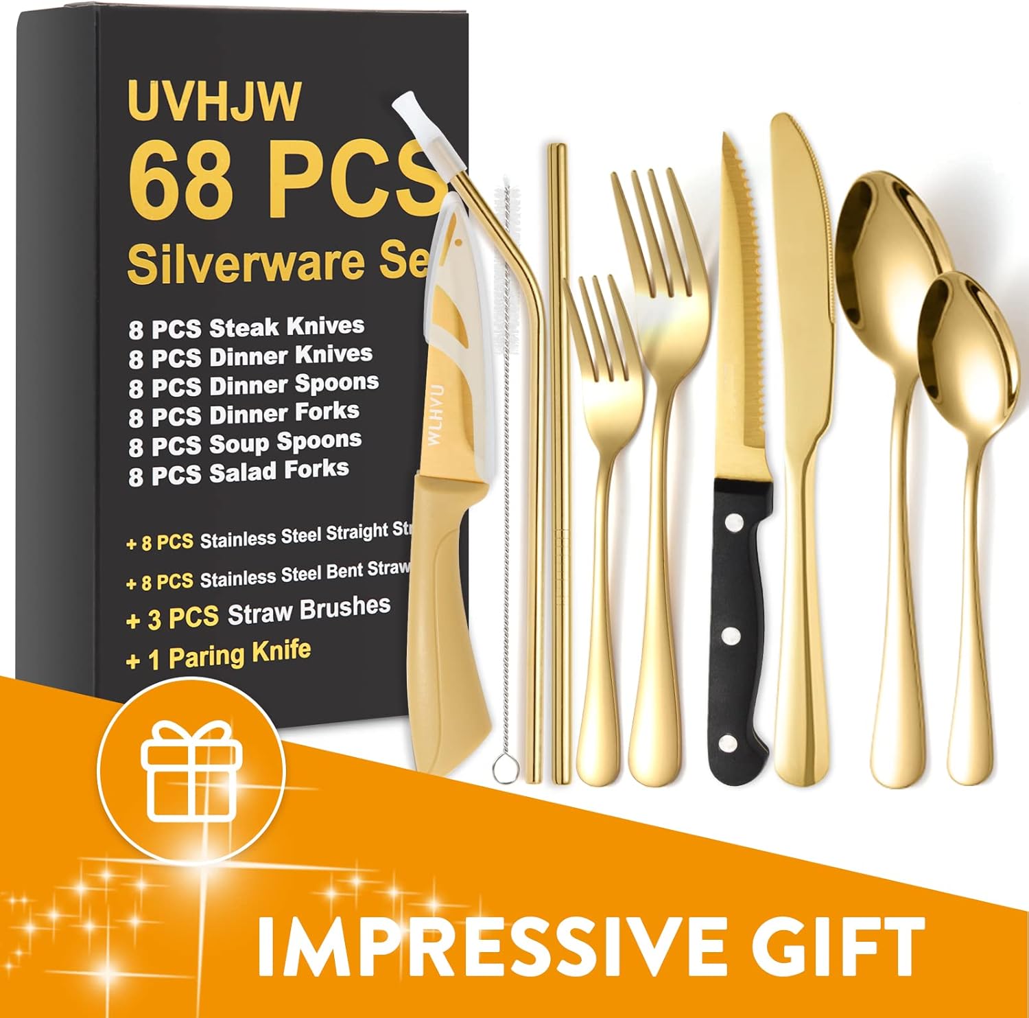 68-piece Gold Silverware Set with Steak Knife, Service for 8, Stainless Steel flatware Cutlery Set with Metal Straw Drinking Set, Mirror Polished Fork Spoon Knife Set Eating Utensils Tableware - Image 7