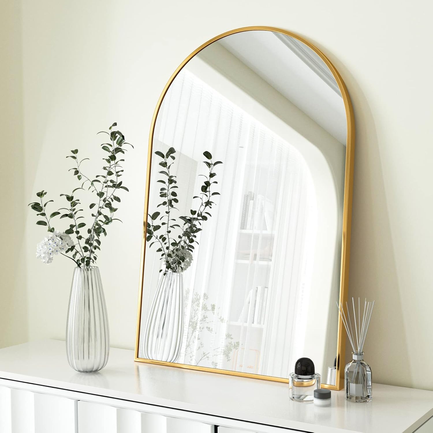 HARRITPURE 28" x 36" Arch Mirror Bathroom Wall Mounted Mirrors Gold Vanity Mirror with Metal Frame for Bedroom Living Room Entryway - Image 2