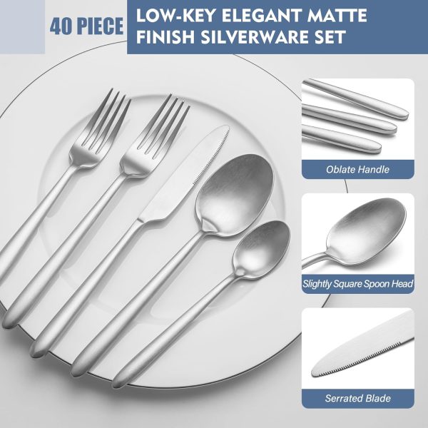 Heavy Duty Silverware Set, EIUBUIE 40-Piece Premium Stainless Steel Flatware Sets For 8, Matte Brushed Finish Cutlery Tableware Modern Kitchen Utensils Set for Home Restaurant, Dishwasher Safe - Image 2