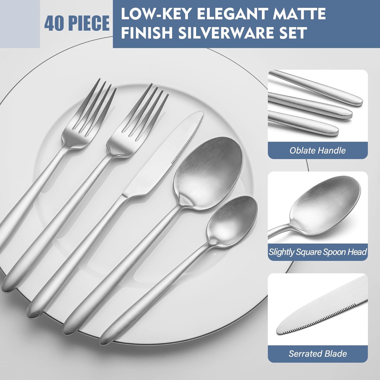 Heavy Duty Silverware Set, EIUBUIE 40-Piece Premium Stainless Steel Flatware Sets For 8, Matte Brushed Finish Cutlery Tableware Modern Kitchen Utensils Set for Home Restaurant, Dishwasher Safe - Image 2