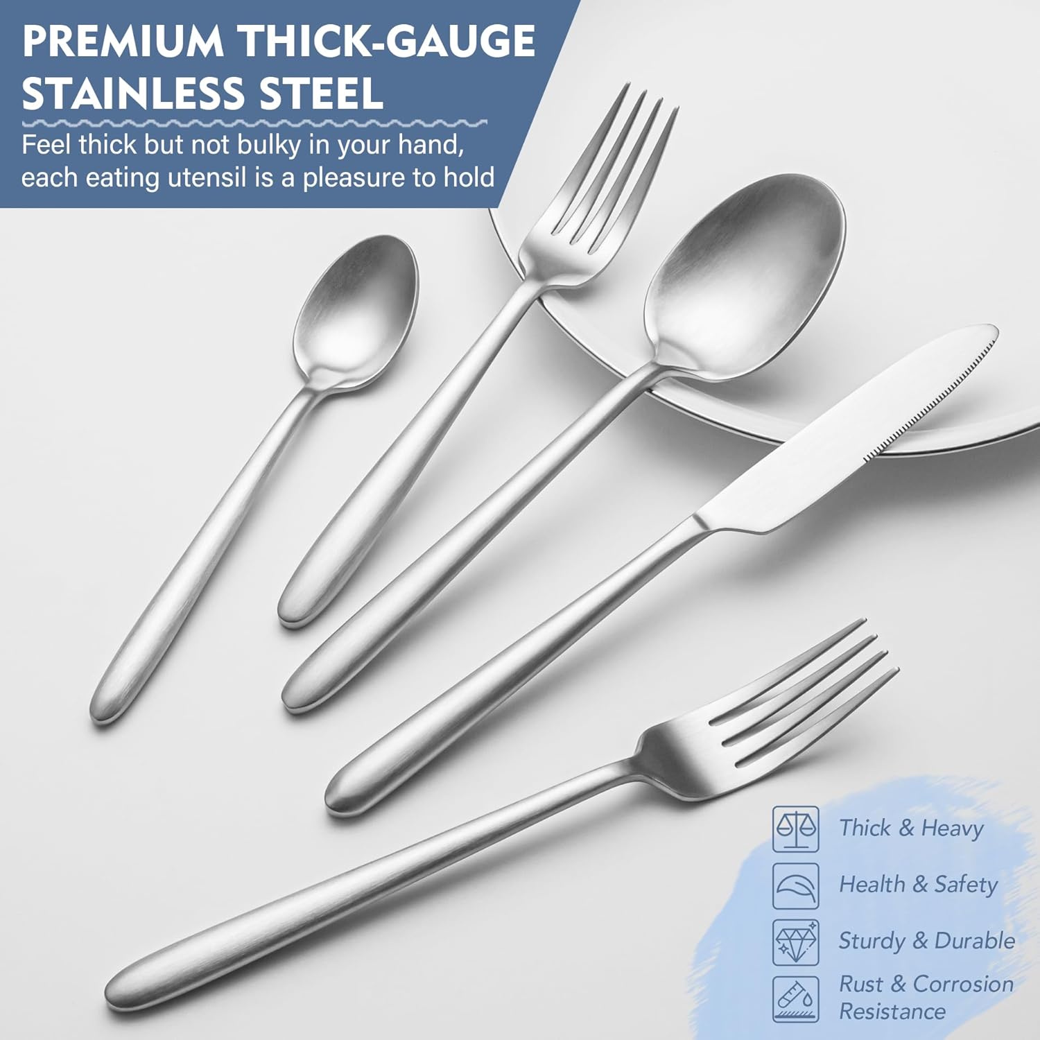 Heavy Duty Silverware Set, EIUBUIE 40-Piece Premium Stainless Steel Flatware Sets For 8, Matte Brushed Finish Cutlery Tableware Modern Kitchen Utensils Set for Home Restaurant, Dishwasher Safe - Image 4