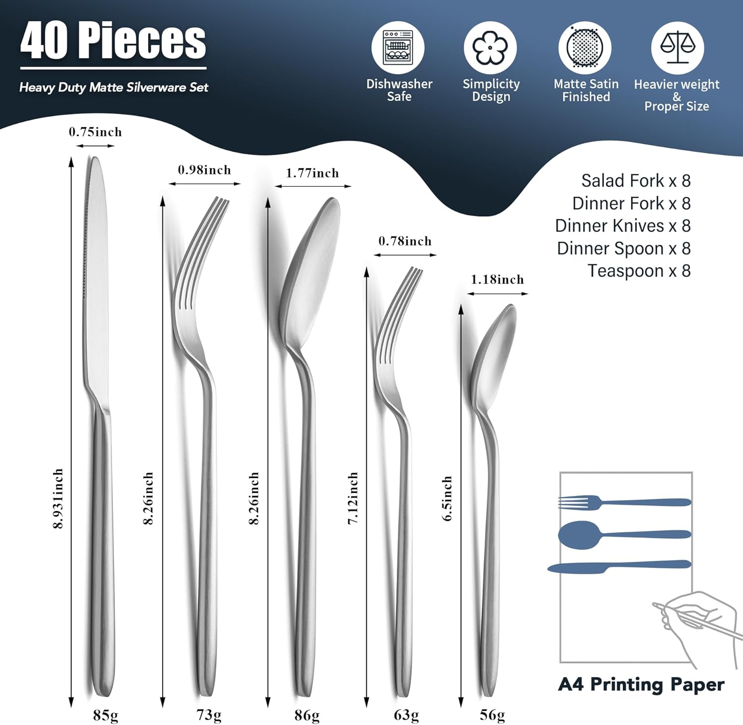 Heavy Duty Silverware Set, EIUBUIE 40-Piece Premium Stainless Steel Flatware Sets For 8, Matte Brushed Finish Cutlery Tableware Modern Kitchen Utensils Set for Home Restaurant, Dishwasher Safe - Image 6