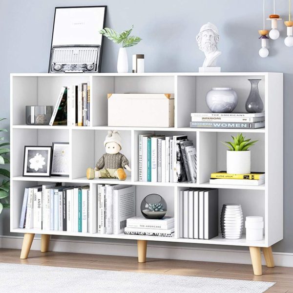 IOTXY Wooden Open Shelf Bookcase - 3-Tier Floor Standing Display Cabinet Rack with Legs, 10 Cubes Bookshelf, Warm White