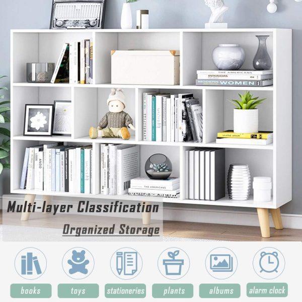 IOTXY Wooden Open Shelf Bookcase - 3-Tier Floor Standing Display Cabinet Rack with Legs, 10 Cubes Bookshelf, Warm White - Image 6