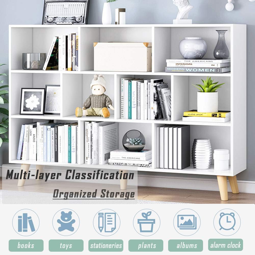 IOTXY Wooden Open Shelf Bookcase - 3-Tier Floor Standing Display Cabinet Rack with Legs, 10 Cubes Bookshelf, Warm White - Image 6