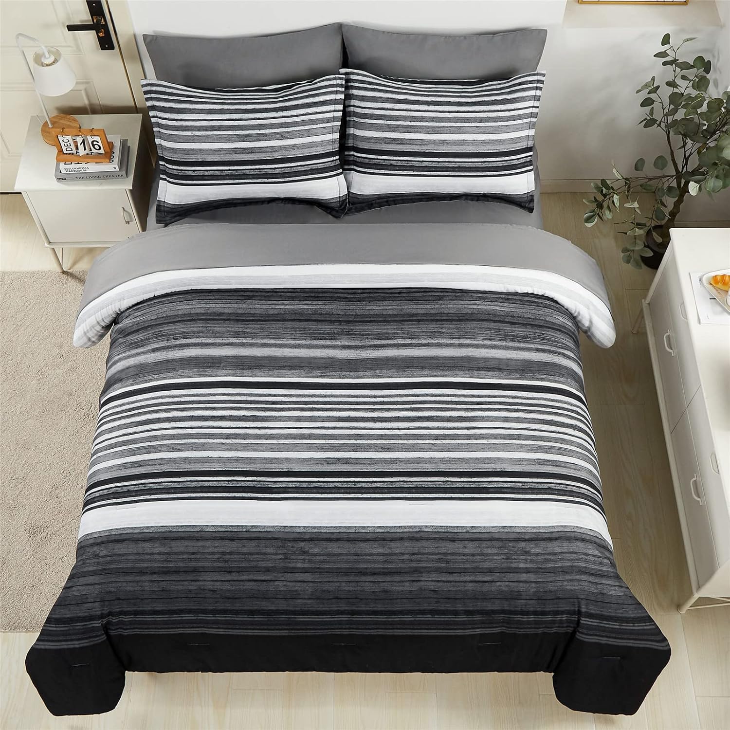 KAKIJUMN 7 Piece Bed in a Bag Stripe Comforter Set Queen Size, White Grey Black Patchwork Striped Comforter and Sheet Set, All Season Soft Microfiber Complete Bedding Sets(Grey,Queen) - Image 3
