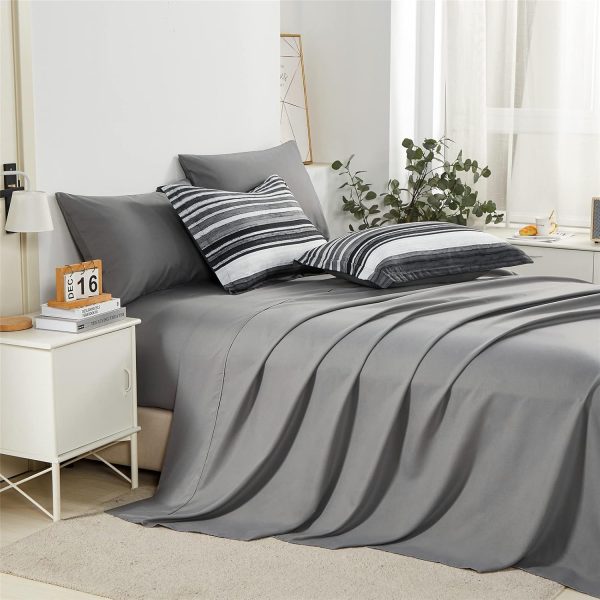 KAKIJUMN 7 Piece Bed in a Bag Stripe Comforter Set Queen Size, White Grey Black Patchwork Striped Comforter and Sheet Set, All Season Soft Microfiber Complete Bedding Sets(Grey,Queen) - Image 4