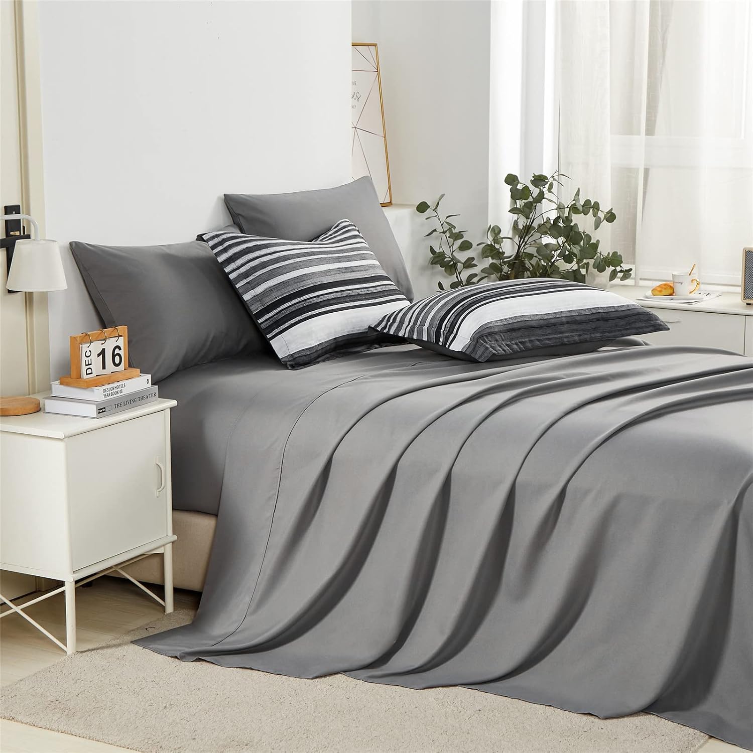 KAKIJUMN 7 Piece Bed in a Bag Stripe Comforter Set Queen Size, White Grey Black Patchwork Striped Comforter and Sheet Set, All Season Soft Microfiber Complete Bedding Sets(Grey,Queen) - Image 4