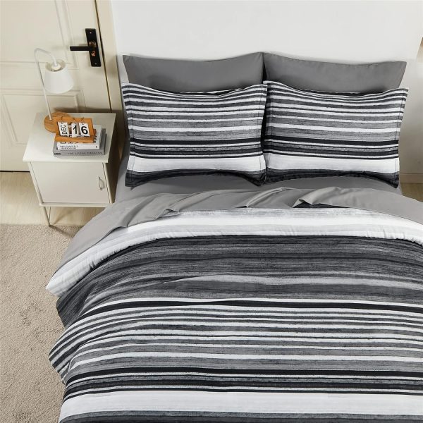 KAKIJUMN 7 Piece Bed in a Bag Stripe Comforter Set Queen Size, White Grey Black Patchwork Striped Comforter and Sheet Set, All Season Soft Microfiber Complete Bedding Sets(Grey,Queen) - Image 5