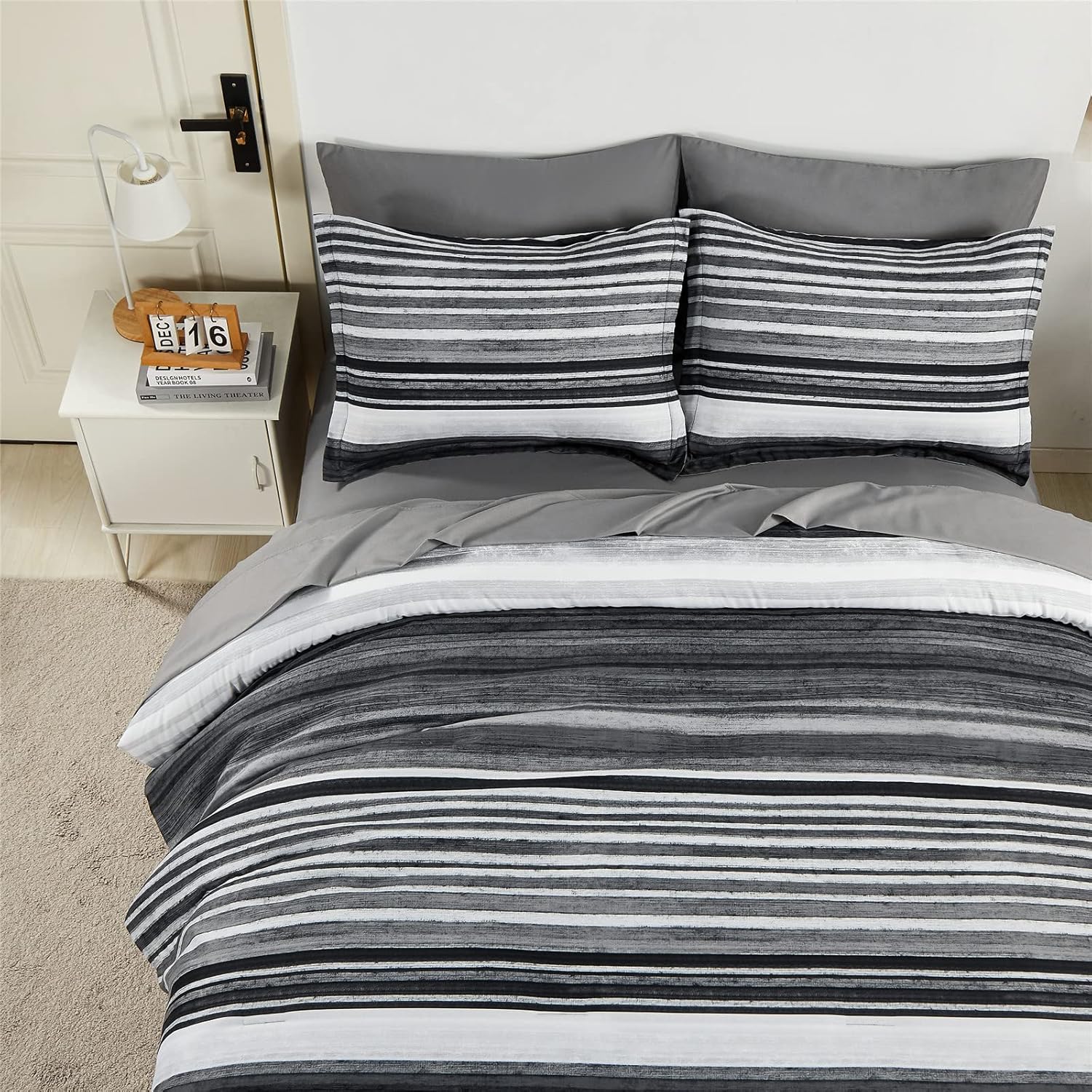 KAKIJUMN 7 Piece Bed in a Bag Stripe Comforter Set Queen Size, White Grey Black Patchwork Striped Comforter and Sheet Set, All Season Soft Microfiber Complete Bedding Sets(Grey,Queen) - Image 5