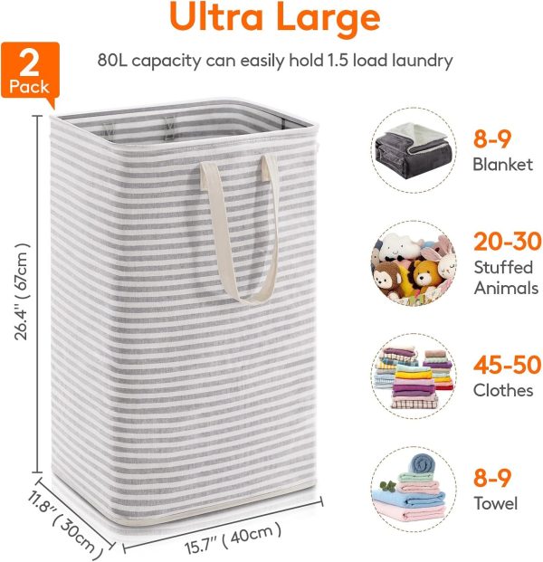 Lifewit 2 Pack Laundry Hamper Large Collapsible Laundry Baskets, Freestanding Waterproof Clothes Hamper with Easy Carry Handles in Laundry Room Bedroom Bathroom College Dorm for Adults, Grey, 2 x 80L - Image 5