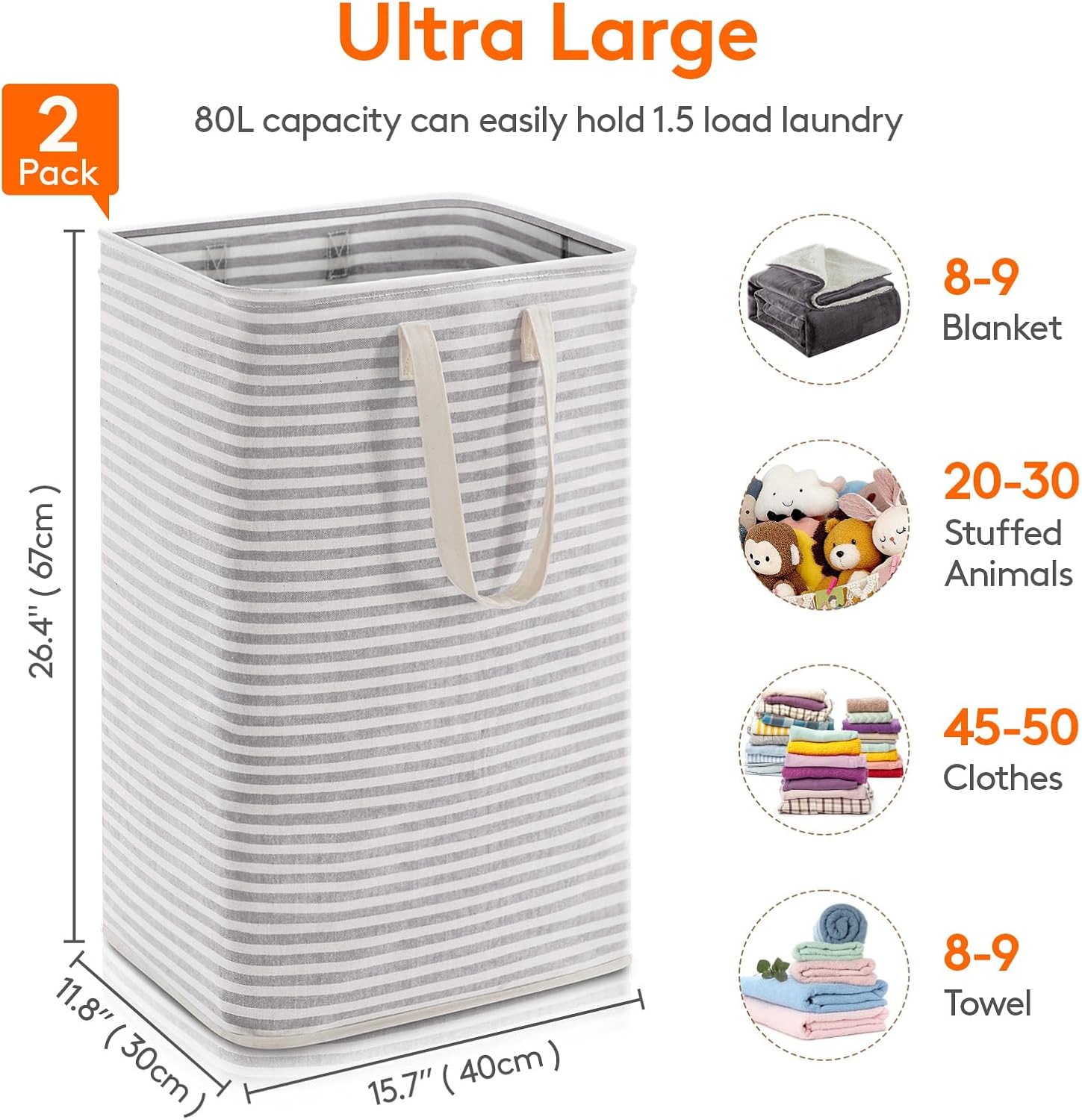 Lifewit 2 Pack Laundry Hamper Large Collapsible Laundry Baskets, Freestanding Waterproof Clothes Hamper with Easy Carry Handles in Laundry Room Bedroom Bathroom College Dorm for Adults, Grey, 2 x 80L - Image 5