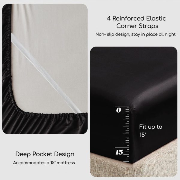 MR&HM Satin Bed Sheets, Queen Size Sheets Set, 4 Pcs Silky Bedding Set with 15 Inches Deep Pocket for Mattress (Queen, Black) - Image 5