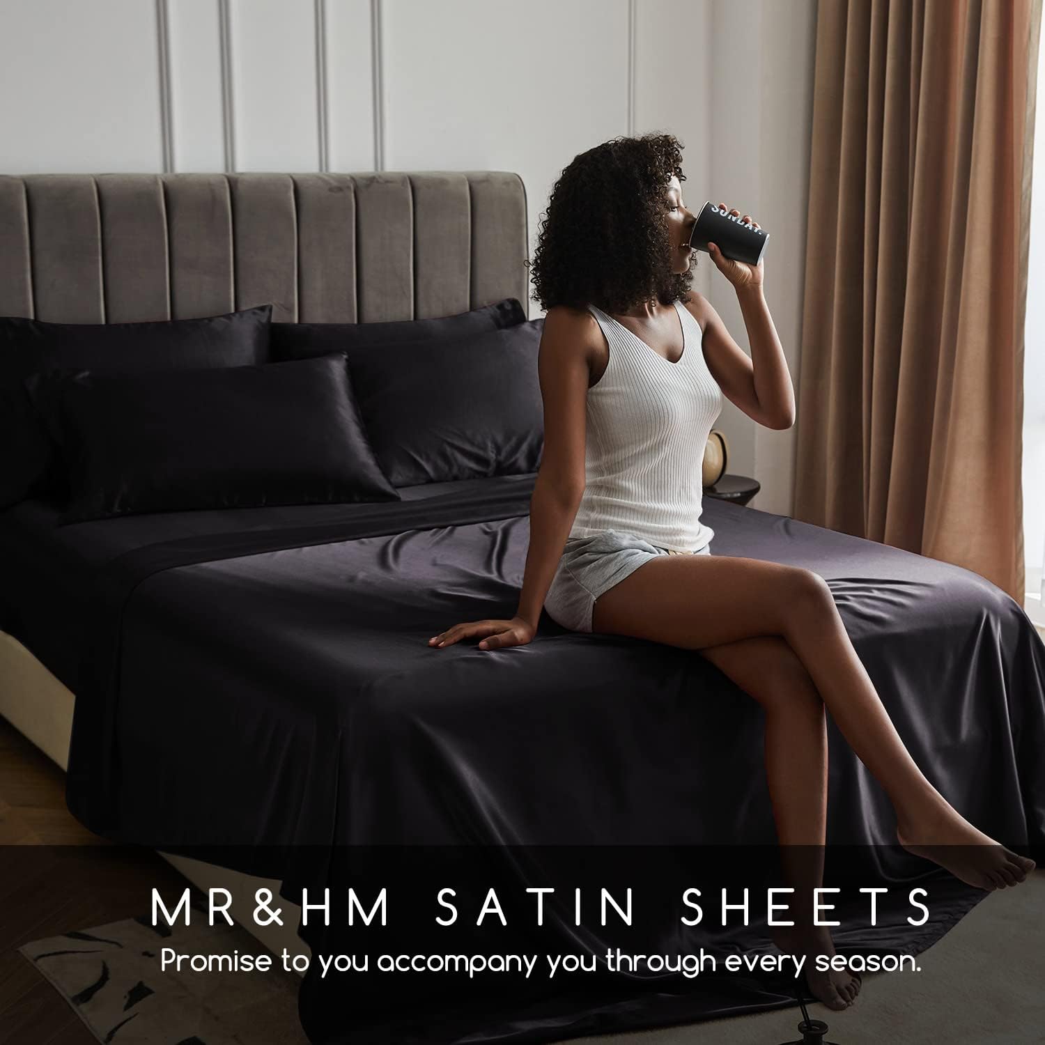 MR&HM Satin Bed Sheets, Queen Size Sheets Set, 4 Pcs Silky Bedding Set with 15 Inches Deep Pocket for Mattress (Queen, Black) - Image 7