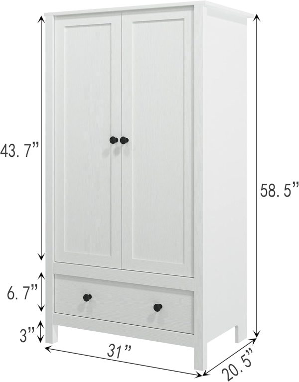 Panana 2 Door Wardrobe, Armoire with Drawer for Bedroom (White) - Image 2