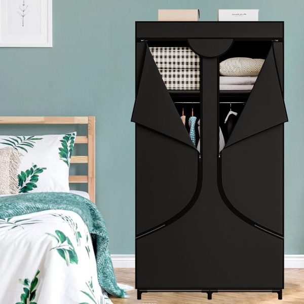 SORCEDAS Portable Wardrobe Closet Storage Organizer Metal Hanging Rack Non-Woven Fabric 34 Inch Black - Image 2