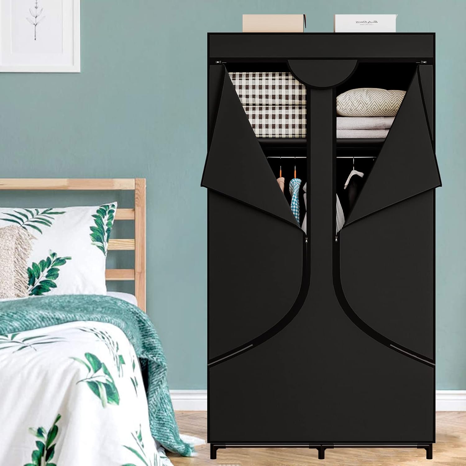 SORCEDAS Portable Wardrobe Closet Storage Organizer Metal Hanging Rack Non-Woven Fabric 34 Inch Black - Image 2