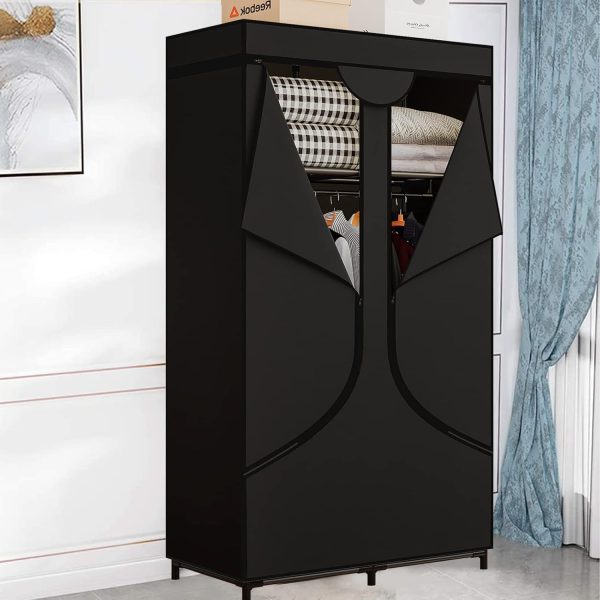 SORCEDAS Portable Wardrobe Closet Storage Organizer Metal Hanging Rack Non-Woven Fabric 34 Inch Black - Image 3