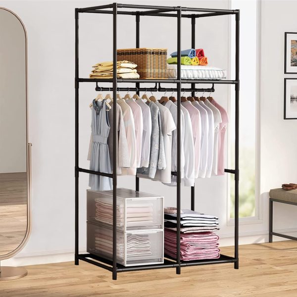 SORCEDAS Portable Wardrobe Closet Storage Organizer Metal Hanging Rack Non-Woven Fabric 34 Inch Black - Image 4