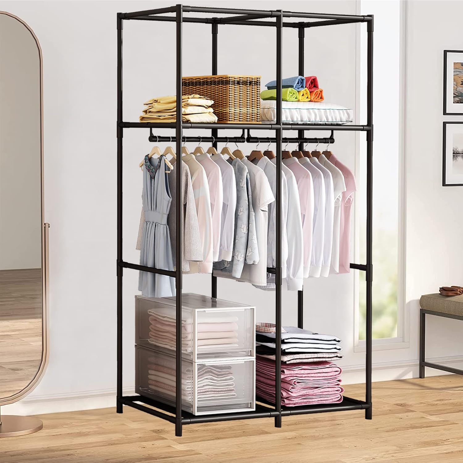 SORCEDAS Portable Wardrobe Closet Storage Organizer Metal Hanging Rack Non-Woven Fabric 34 Inch Black - Image 4
