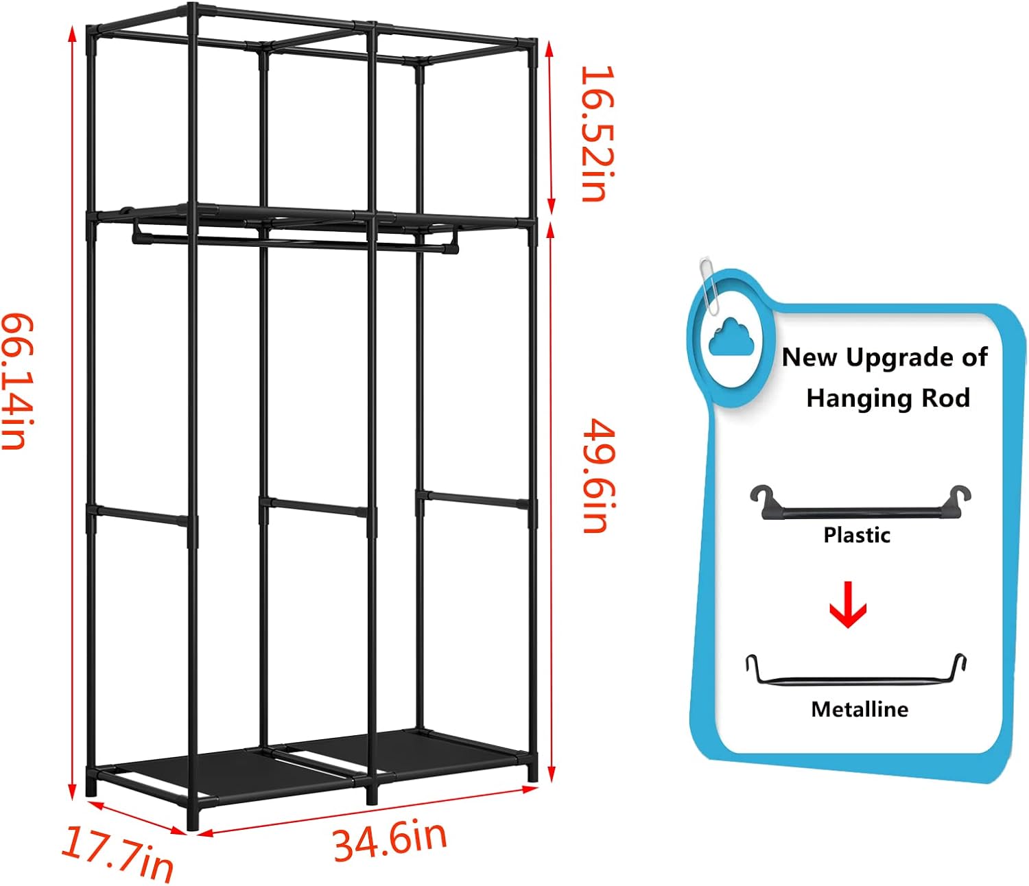 SORCEDAS Portable Wardrobe Closet Storage Organizer Metal Hanging Rack Non-Woven Fabric 34 Inch Black - Image 5
