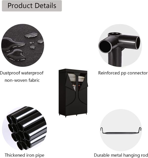 SORCEDAS Portable Wardrobe Closet Storage Organizer Metal Hanging Rack Non-Woven Fabric 34 Inch Black - Image 6