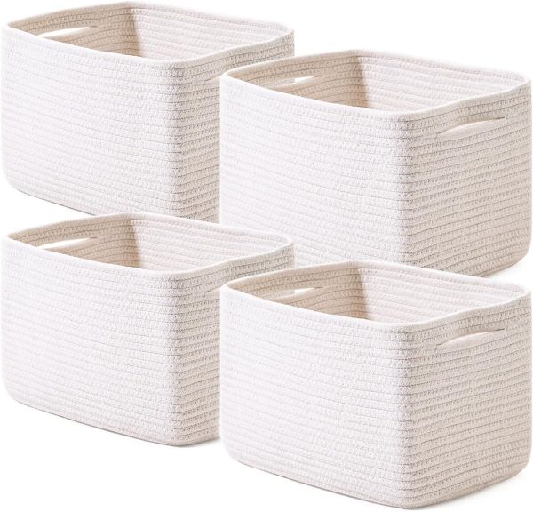 Storage Baskets for Organizing, Woven Basket for Storage, Storage Baskets Bin for Shelves, Cotton Rope Basket with Handles, 12.5" Lx9.1 Wx7.9 H, (4 Packs) Off White