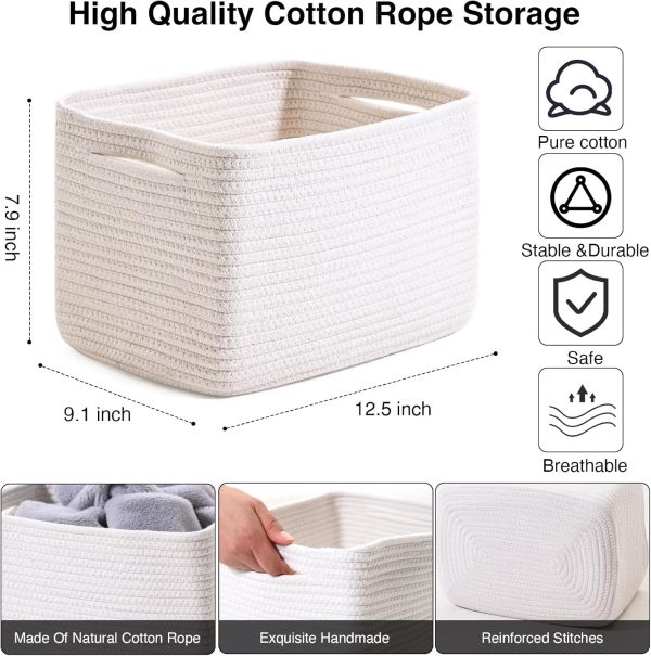 Storage Baskets for Organizing, Woven Basket for Storage, Storage Baskets Bin for Shelves, Cotton Rope Basket with Handles, 12.5" Lx9.1 Wx7.9 H, (4 Packs) Off White - Image 3
