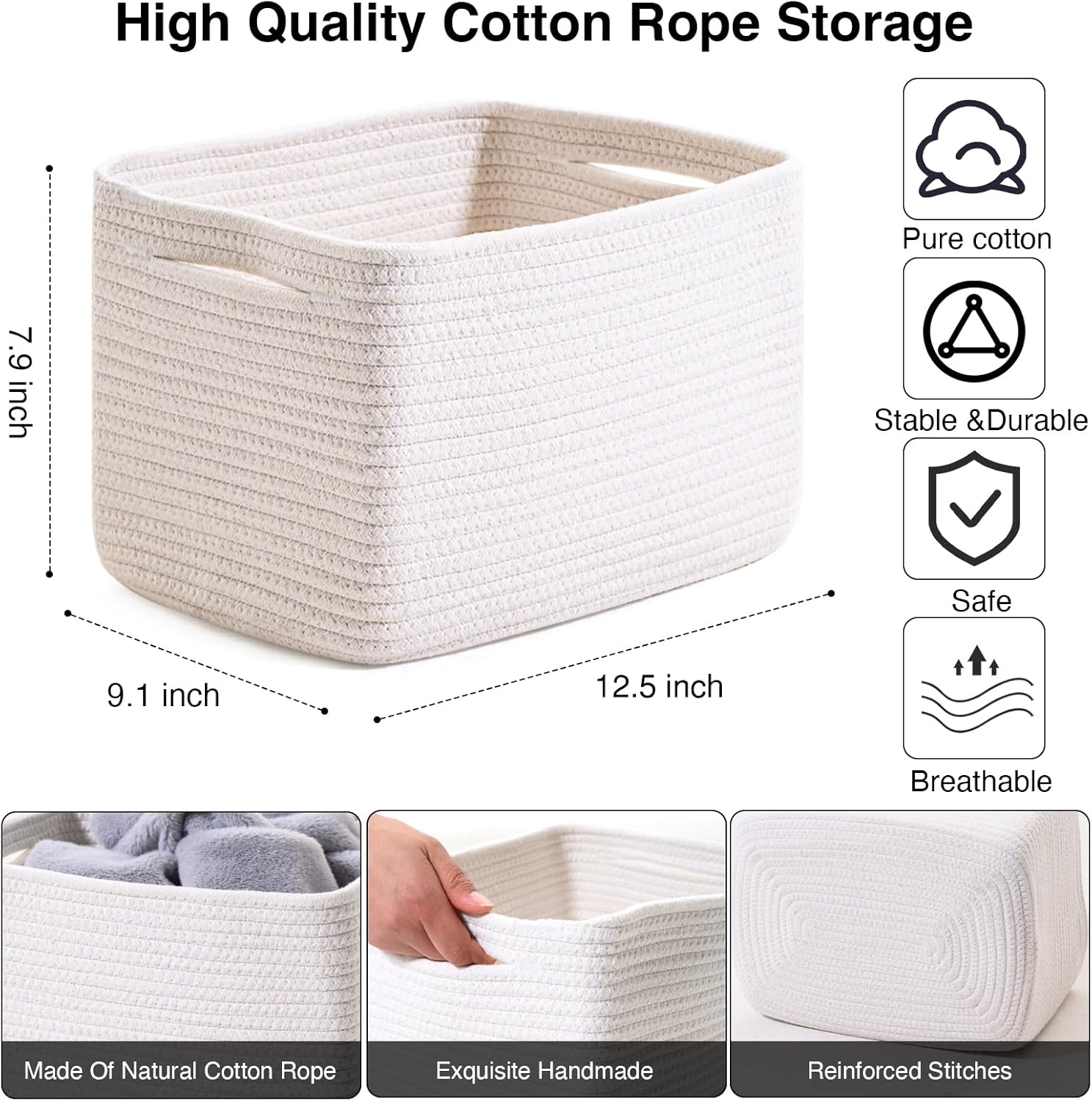 Storage Baskets for Organizing, Woven Basket for Storage, Storage Baskets Bin for Shelves, Cotton Rope Basket with Handles, 12.5" Lx9.1 Wx7.9 H, (4 Packs) Off White - Image 3