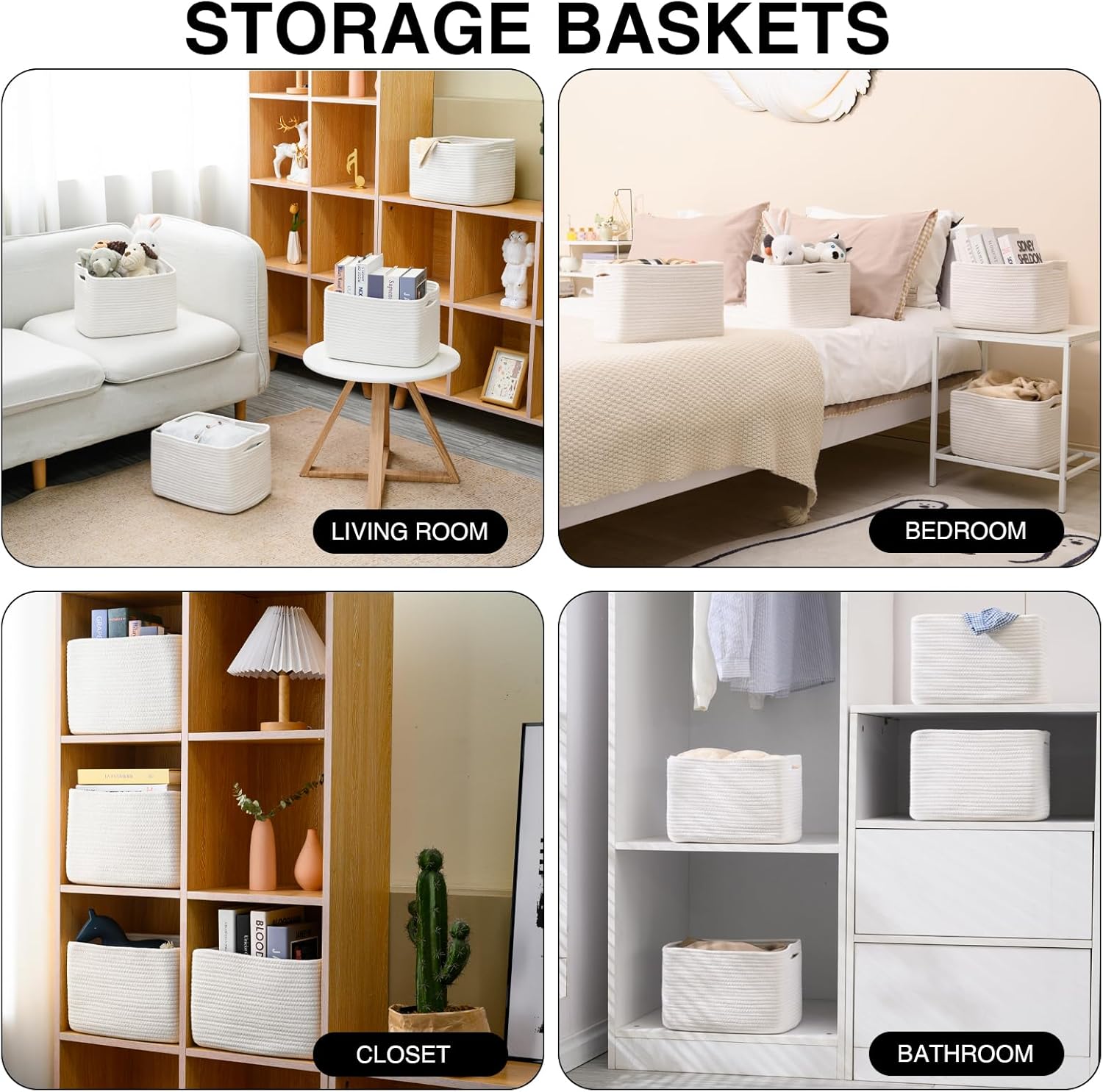 Storage Baskets for Organizing, Woven Basket for Storage, Storage Baskets Bin for Shelves, Cotton Rope Basket with Handles, 12.5" Lx9.1 Wx7.9 H, (4 Packs) Off White - Image 4